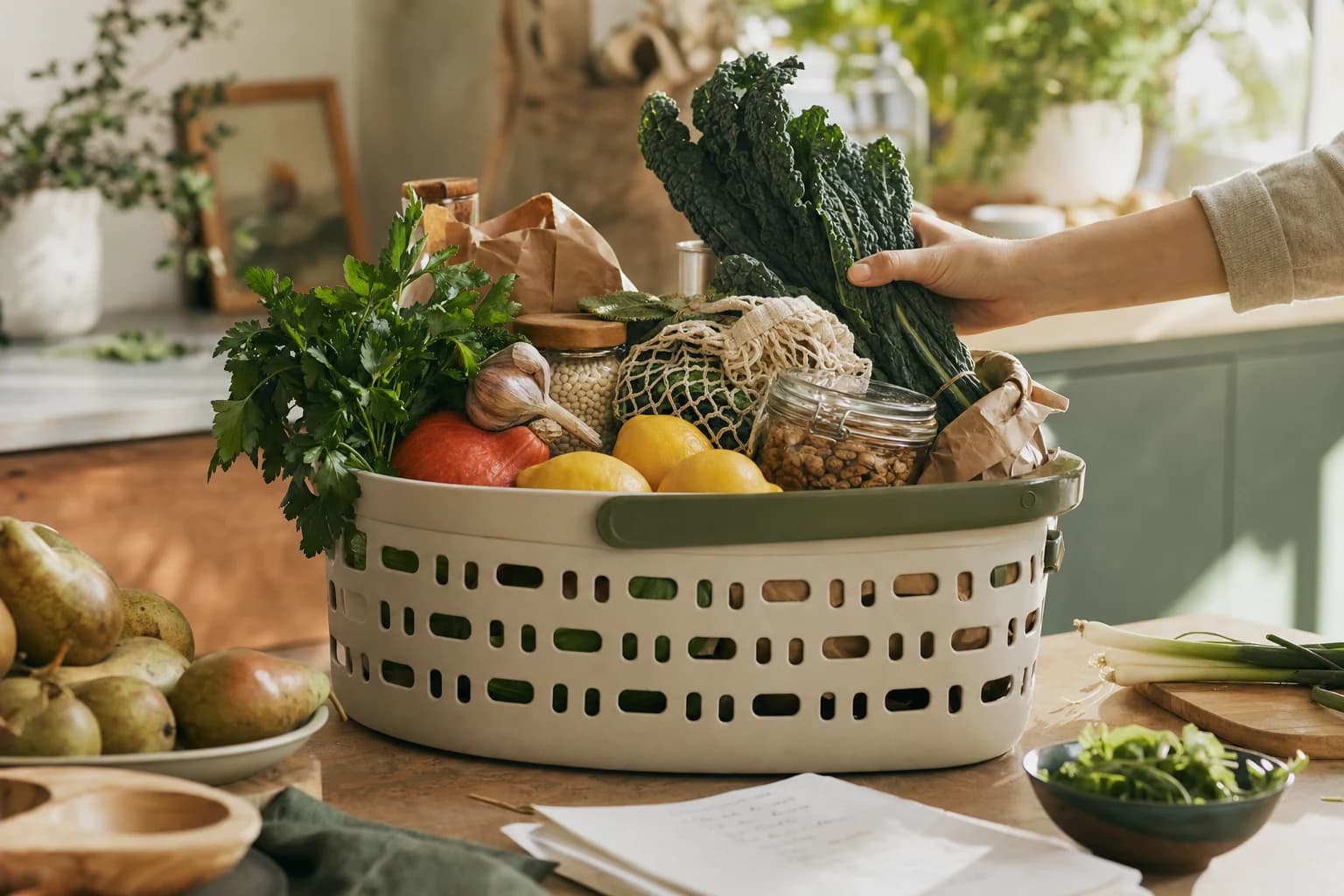 A reusable grocery basket filled with vegetables and pantry ingredients