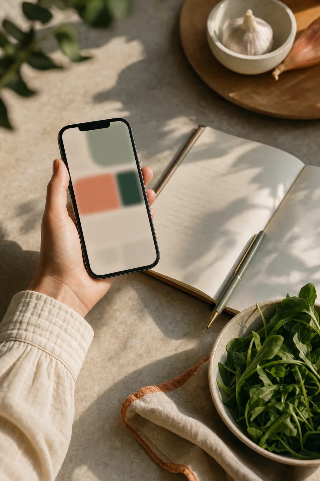 A hand holding a phone beside a recipe notebook and fresh ingredients