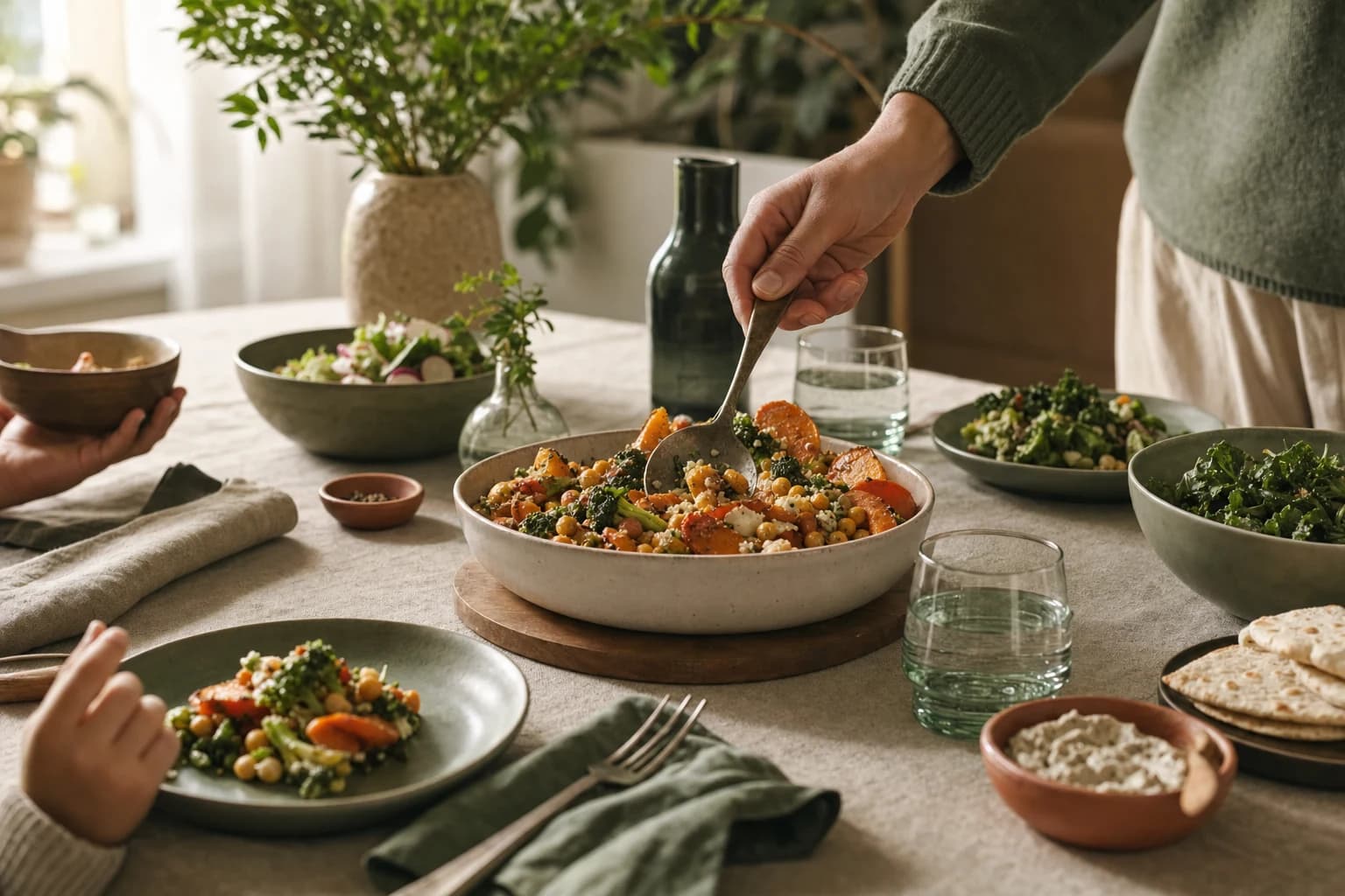 A warm family dinner table with a serving bowl in soft window light